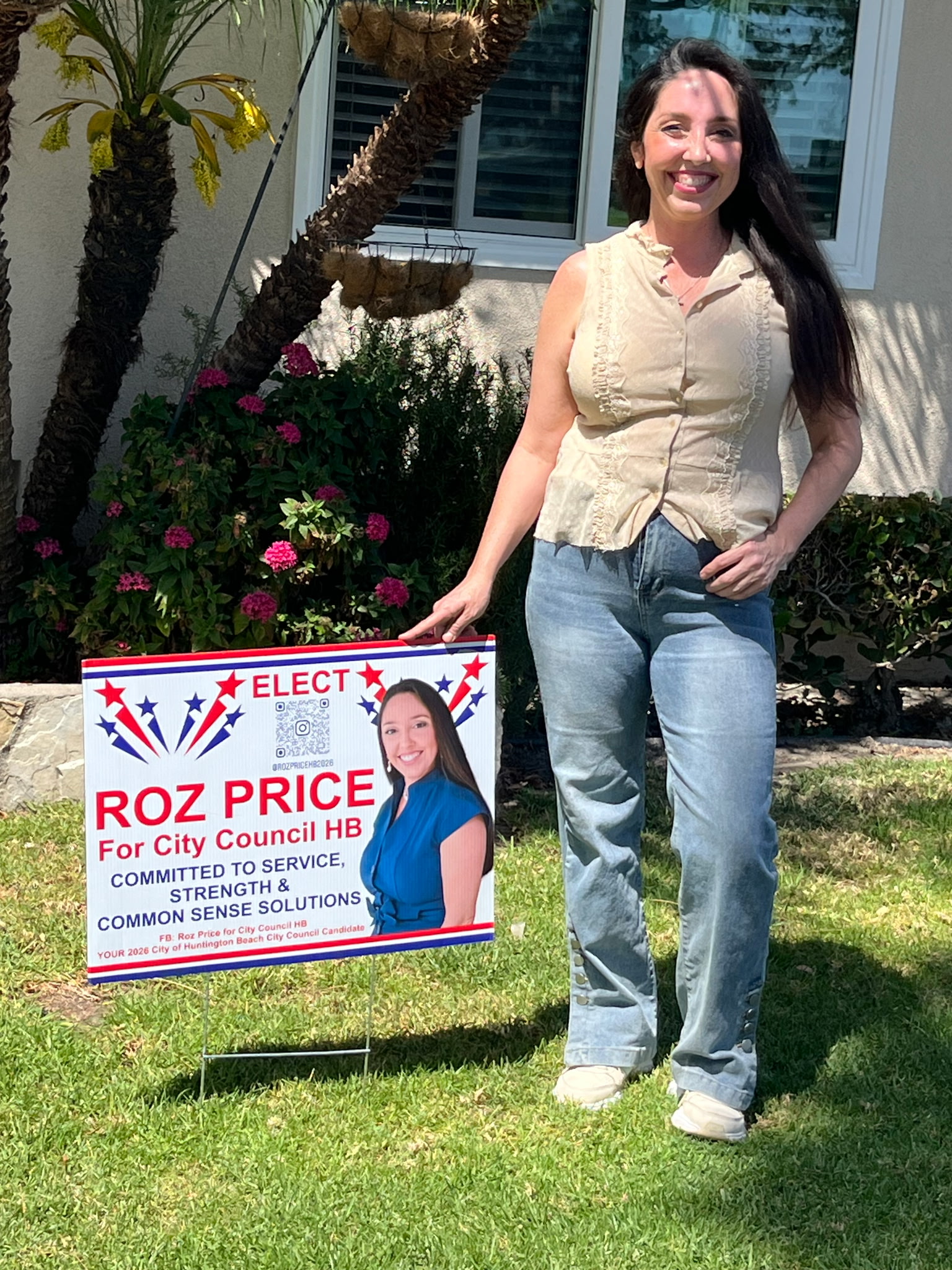 Roz Price with Huntington Beach City Council campaign yard sign